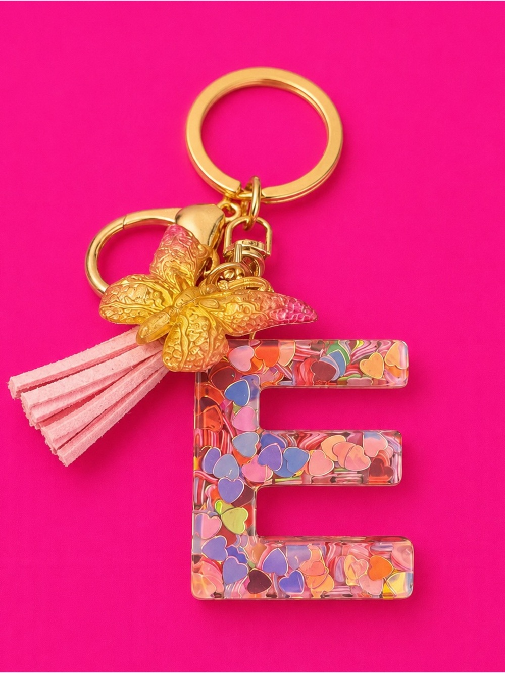 Gold Butterfly & Pink Tassel 'E' Keychain Charm